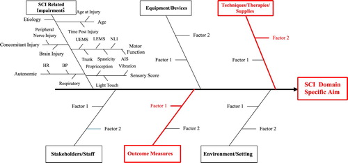 Figure 6 Typical structure for Driver (Ishikawa) diagram. UEMS: upper-extremity motor score; LEMS: lower-extremity motor score; NLI: neurological level of injury; AIS: ASIA impairment scale; HR: heart rate; BP: blood pressure; * This part of the fishbone is common to all SCI-High project's fishbone diagrams (11 Domains).