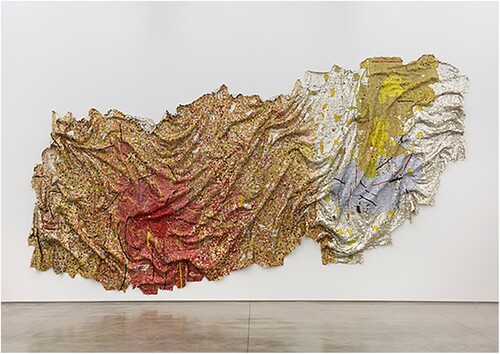 El Anatsui, Gravity and Grace, 2010, aluminium and copper wire, 482 × 1120 cm, collection of the Artist, Nsukka, Nigeria, © El Anatsui, image courtesy of the artist and Jack Shainman Gallery, New York