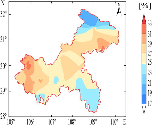 Figure 4. Contribution ratio of hourly extreme precipitation amount to total precipitation amount of summer in Chongqing from 2011 to 2021.
