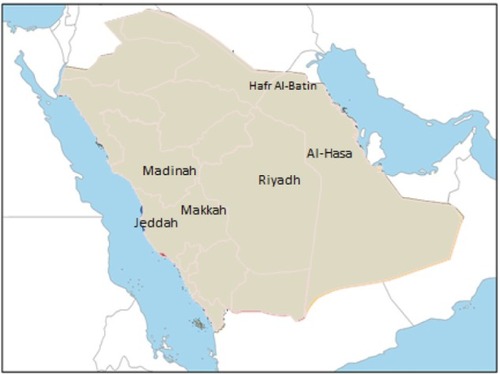 Figure 1 A map of the Kingdom of Saudi Arabia showing the main cities described in this paper:Riyadh (the capital); Al-Hasa (2013 outbreak); Jeddah (2014 outbreak); Hafr Al-Batin(community cluster); and the holy Cities (Makkah and Madinah).