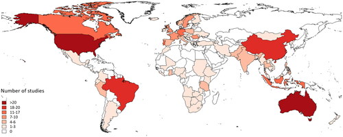 Figure 1. Geographical distribution of studies. The map shows how often each country was covered by studies on land use conflicts.
