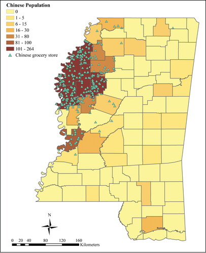 Figure 1 Chinese population and Chinese grocery stores in Mississippi, 1952. Data source: 1960 U.S. Census, Social Explorer; Mississippi State County Boundaries Map, U.S. Census TIGER/Line shapefiles. Tri-State Chinese Directory of Mississippi, Arkansas, and Tennessee, published in 1952 by the Chinese Commercial Directory Service Bureau, Greenwood, Mississippi. From the personal collection of the Dunn Family, Memphis, TN.