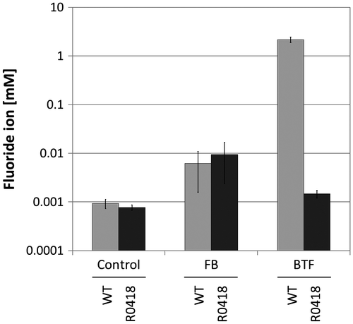 Fig. 3. Degradation of FB and BTF by the R0418 mutant strain.Notes: Twenty millimole BTF or FB was added to the cultures at 24 h, and cultivation was further continued for 192 h. Twenty millimole BTF or FB was supplemented again 72 h after the first BTF addition. Fluoride ion concentrations of culture supernatants grown with fluoro-compounds were measured. Control, no substrate; FB, fluorobenzene; BTF, benzotrifluoride; WT, Rhodococcus sp. 065240; R0418, R0418 mutant.