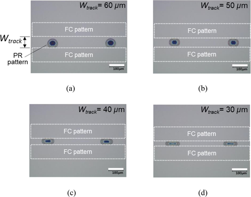 Figure 2. PR dot patterns inkjet-printed with a single drop on hydrophilic tracks: (a) Wtrack = 60 µm, (b) Wtrack = 50 µm, (c) Wtrack = 40 µm, (d) Wtrack = 30 µm (Wtrack = hydrophilic track width between FC line patterns).