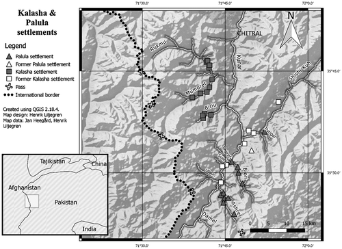 Map 2. Southern Chitral displaying the locations of Kalasha and Palula settlements. (Map created with QGIS 2.18.4 using data provided under cc by-sa by © OpenStreetMapContributors).