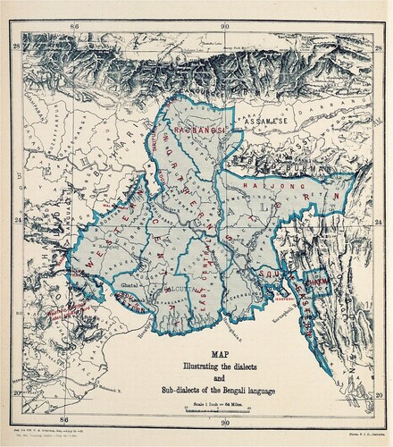 Fig. 2. ‘Map Illustrating the Dialects and Sub-dialects of the Bengali Language’, in George A. Grierson, ed., Linguistic Survey of India, vol. 5:1, Indo-Aryan Family, Eastern Group I (Calcutta, 1903), folded, facing p. 11. Scale 1 inch = 64 miles. 36 × 26 cm. Note the text in the Oriya-language area in the southwestern corner, which states ‘Western Bengali also spoken here’. (Courtesy of the Digital South Asia Library, University of Chicago.)