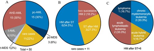 Figure 1. Distribution of different types of multiple neoplasms. A. Incidence of tAML, AHD-AML, pc-AML, pc-MDS, and rare cases. B. Descriptive data on the relationship between prior exposure and secondary disorders. C. The types of secondary hematological malignancies after previous solid tumors in rare cases. Abbreviations: HM, hematological malignancy; ST, solid tumor; tAML, therapy-related acute myeloid leukemia; AHD-AML, AML discovered following a prior hematologic disorder; pc-AML and pc-MDS, AML and MDS developing with an antecedent or simultaneous tumors without prior cytotoxic or radio-therapy.