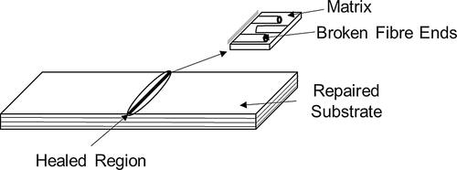 Figure 15. Healing of a damaged substrate by using heat and pressure, with a close-up of the repaired area (adapted from [Citation174]).