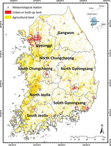 Figure 1. Locations of meteorological stations and land-cover map (Korean Water Management Information System).