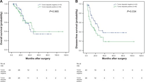 Figure 3 Analyses of overall survival and disease-free survival according to the status of tumor deposits in synchronous colorectal liver metastases (SCRLM) patients with positive lymph node.