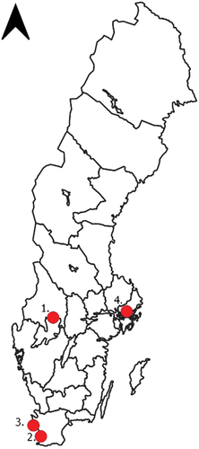 Figure 1. Map of cases: 1 Karlstadstråket. 2 Malmöexpressen. 3 Helsingborgsexpressen. 4 Barkarbystadens BRT.