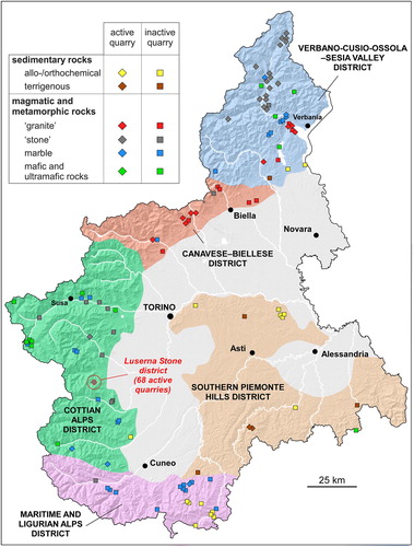 Figure 1. Scheme of the quarry districts of Piemonte.