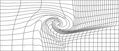 Fig. 8. A depiction of the triple point mesh used to stress the VEF algorithms on a severely distorted, third-order mesh. This mesh was generated with a Lagrangian hydrodynamics simulation.