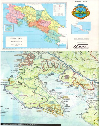 Figure 1. Osa Peninsula with Corcovado National Park and Golfo Dulce Forest Reserve (2002 National Geographic); Costa Rica insert (2015 IFAM).