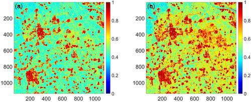 Figure 5. The goodness-of-fit value of the study area obtained by (a) CAESAR algorithm and (b) improved CAESAR algorithm.