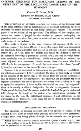 Figure 2. The first page of the original article published by Claude F. Dixon in the 1948 September issue of Annals of Surgery: The author reported a five-year survival rate of 64% after restorative anterior resection.