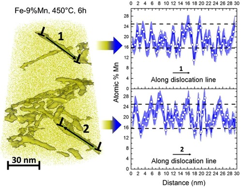 Figure 12. Atom probe tomography analysis along Mn-decorated dislocation cores, revealing low-dimensional spinodal decomposition patterns along the dislocation lines. From Kwiatkowski et al. [Citation134], published under a Creative Commons Attribution 4.0 license.