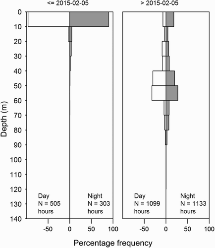 Figure 6. Differences in depth distribution of a PAT-tagged hammerhead shark (Sphyrna zygaena, Shark 5) by day (white bars) and night (grey bars) during the two time phases identified in Figure 5.