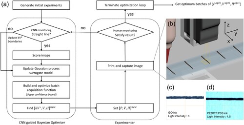 Figure 2. CNN guided Bayesian optimisation process diagram. (a) CNN guided Bayesian optimiser and experimenter’s iteration process. (b) Capturing line image from the camera. Captured line images of (c) GO and (d) PEDOT:PSS inks.