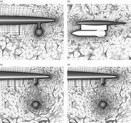 Figure 14. Cut views of the hybrid grids for the wing/pylon/store separation case at different times for: (a) ts = 0.00 s, front view, (b) ts = 0.00 s, side view, (c) ts = 0.37 s before local remeshing, and (d) ts = 0.37 s after local remeshing.