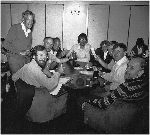 Figure 4 . Some BBS members who attended the 1986 Fort William meeting (left to right) Harold Whitehouse (standing), Gordon Rothero, Richard Fisk, John Port, Tom Blockeel, Jean Paton, David Long, Philip Stanley and Tony Smith. Photograph, source unknown but probably taken by Pat Whitehouse.