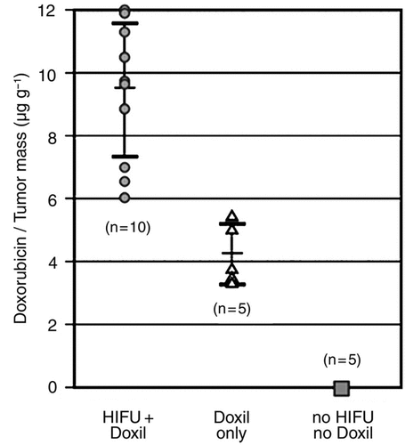 Figure 5. Graph shows mean doxorubicin content in tumors in mice in group 1 (pulsed HIFU and Doxil), group 2 (Doxil without pulsed HIFU), and group 3 (controls, no Doxil or pulsed HIFU). Analysis of group 3 tumors showed no peaks at the major emission frequencies for doxorubicin and its metabolites. Group 1 tumors showed a 124% (9.4 µg · g−1/4.2 µg · g−1) increase in free doxorubicin over that in group 2 tumors (P < 0.001). (Citation[62] Reprinted with permission.)
