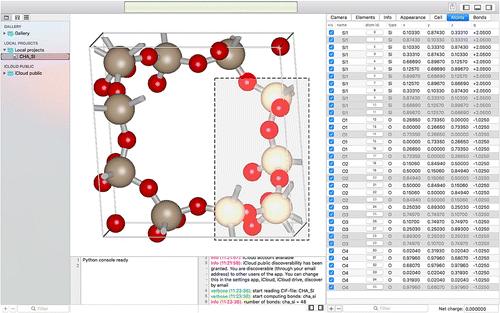 Figure 2. (Colour online) Editing structures and atomic selection using (i) the render-view or (ii) via the data-view, i.e. the atom-positions in tabular form.