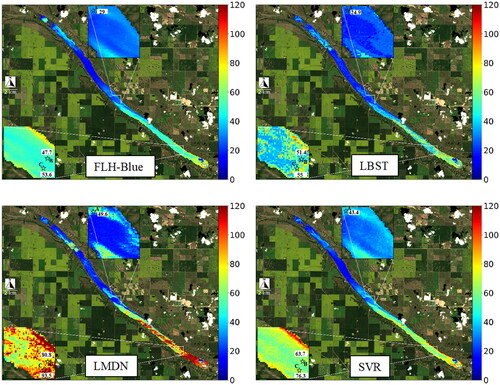 Figure 7. Chla map for BPL derived from different algorithms applied on OLI image acquired on July 16, 2020. The markers in the insets represent examples of in situ data, collected on the same date, and employed as unseen test data. The color bars and associated numbers beside the markers show estimated Chla concentration in mg m−3. In situ Chla concentration in points A, B, and C are 41.2, 66.2, and 102.8 mg m−3, respectively.