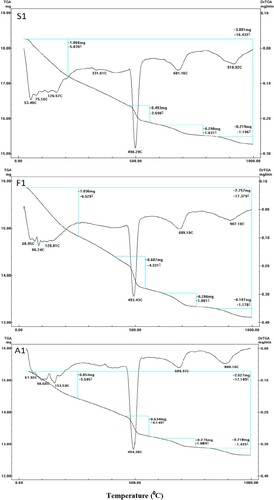 Figure 6. DTG/TG curves for different OWC mixes cured for 7 days at 100°C/0.1 MPa.