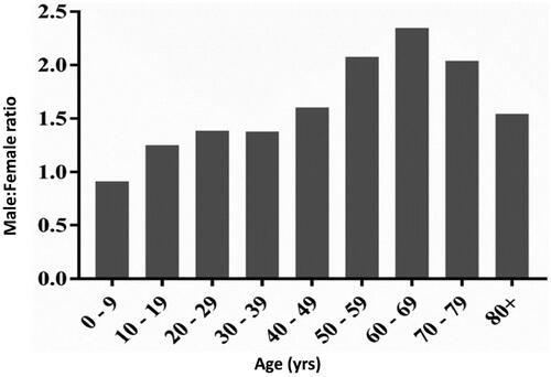 Figure 1. Sex- and age- disaggregated data on deaths from COVID-19 in Europe. Data on mortality in males and females in Europe is shown in the graph. Data are derived from a specific dataset available at https://globalhealth5050.org/the-sex-gender-and-covid-19-project/the-data-tracker [Citation6]. As a compromise between accurate age- and sex-stratification and sufficient data density, we included in the analyses only European countries with sex-disaggregated data about number of deaths per 100,000 population divided into 10-year age groups. The final selection included data from: Czech Republic, Denmark, England, France, Hungary, Israel, Italy, Poland, Portugal, Spain, Switzerland, Wales. The mean about separate males and females’ mortality of all the countries selected was done. Then, the ratio between males and females’ mortality per 100,000 population was calculated for every 10-year age group.