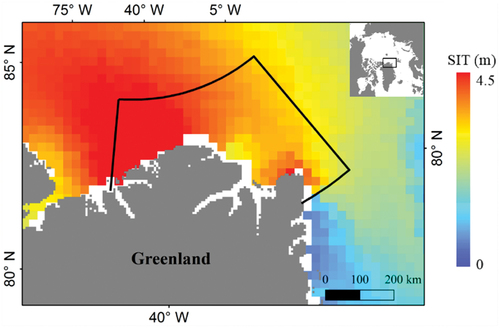 Figure 1. The polynya studied in the paper, bounded by the black sector and northern coast Greenland, defined by 81–85° N, 5–50° W. The image is the average thickness of sea ice (denoted as SIT) from PIOMAS during the period 1979–2022.