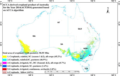 Figure 7. ACCA algorithm derived cropland product for the year 2014 (ACP2014) for Australia at 250 m.