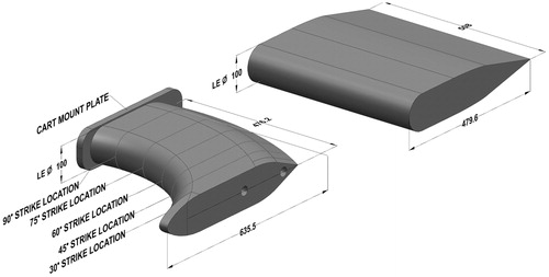 Figure 2. Schematic of RHT (front) and EPRI (back) analogue blades, noting slant angle strike locations.