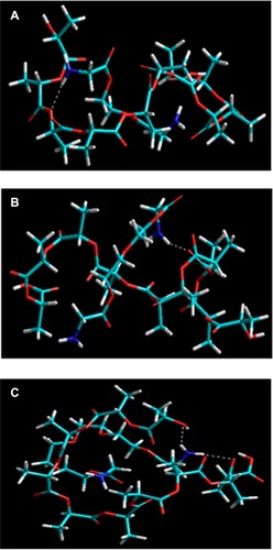 Figure 9 Visualization of geometrical preferences of (A) PLA-PEG1, (B) PLA-PEG2, and (C) PLA-PEG4 after molecular simulation in vacuum.Notes: Elements are color coded: cyan = C; red = O; blue = N; yellow = P; white = H; brown = Zn.Abbreviations: PEG, poly(ethylene glycol); PLA, polylactic acid.