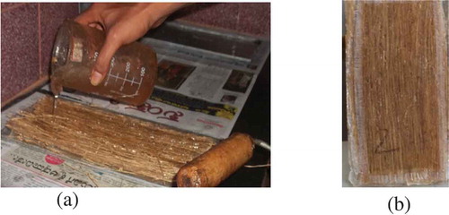 Figure 1. (a) Fabrication of Grewia Serrulata-polyester composite laminates, (b) cured laminate.