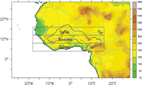 Figure 1. Model domain and topography used in this study. The regions designated as Guinea, Savanna and Sahel over West Africa are indicated. The Niger River Basin is shown with a blue line.