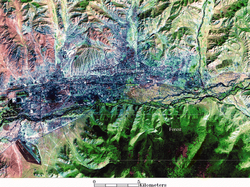 Figure 2. 2001 ETM image of Ulaanbaatar area (red, band 5; green, band 4; blue, panchromatic band). The size of the displayed area is about 28 km × 20 km.