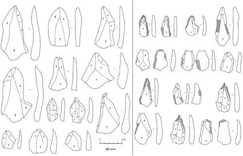 Figure 2. Levallois products from TH.123b (left) and TH.69 (right). Showing small size of TH.69 Levallois products compared to typical Middle Palaeolithic sites in Dhofar.