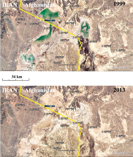 Figure 1. Google-Earth images of Hamum wetlands dated 1999 and 2013 years, that illustrate the variability of wetting.