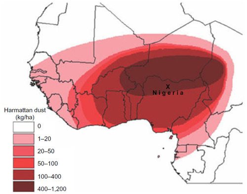 Figure 1 Distribution of harmattan dust particles in Africa.