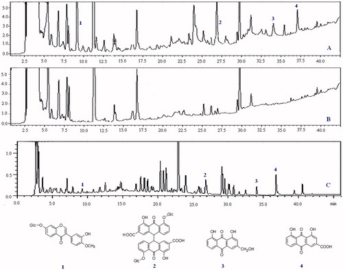 Figure 3. Chromatogram of dosed serum (A), control serum (B) and XYT extract (C) was determined by HPLC-DAD. Peaks 1–4 are prototype components of XYT as they were observed in dosed serum and XYT extract but not in the control serum, and structures of the four compounds are given (1 = Calycosin-7-glucoside, 2 = sennoside A, 3 = aloeemodin, 4 = rhein).