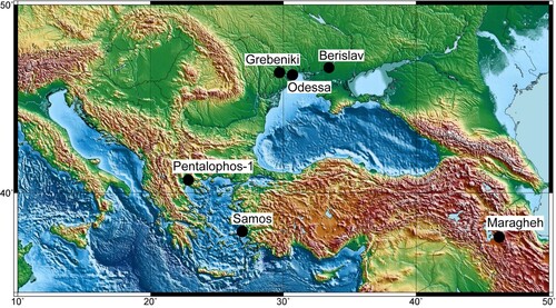 FIGURE 1. Geographic map indicating the type localities of the Chilotheriina species found in the Eastern Mediterranean: Samos (Aceratherium schlosseri Weber, Citation1905, Aceratherium samium Weber, Citation1905, Aceratherium wegneri Andree, Citation1921, and Aceratherium angustifrons Andree, Citation1921) and Pentalophos-1 (Aceratherium kiliasi Geraads and Koufos Citation1990) in Greece; Odessa (Teleoceras ponticus Niezabitowski, Citation1912), Grebeniki (Aceratherium kowalevskii Pavlow, Citation1913), and Berislav (Chilotherium sarmaticum Korotkevitch, Citation1958) in Ukraine; and Maragheh (Rhinoceros persiae Pohlig, Citation1886) in Iran. The map was made with GMT6 (Wessel et al. Citation2019).