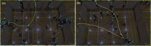 Figure 3. Still images from the data extraction process of a sample of scenarios in Experiment II. Subfigure (a) shows an exit-choice observation extraction example and subfigure (b) shows an example of data extraction for exit choice adaptation. Both figures only illustrate the moment of observation extraction. At such moments, the set of information regarding the subject’s decision is recorded including the choice, choice set and attribute levels of the alternatives.