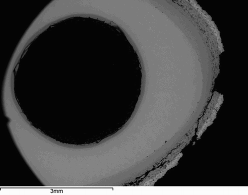 15 Some blades showed extensive cracking and delamination of the TBC post-exposure. Cross-section taken at 50% of blade height