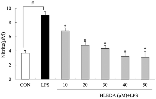 Fig. 3. Inhibitory effects of HLEDA on LPS-induced NO production in RAW264.7 macrophages. RAW264.7 macrophages were pretreated with different concentrations (10, 20, 30, 40, and 50 μM) of HLEDA for 1 h, then with LPS (100 ng/mL), and being incubated for 24 h. Control (CON) values were obtained in the absence of LPS and HLEDA. LPS values were obtained in the presence of LPS(100 ng/mL) and absence of HLEDA. The values shown are means ± SD of three independent experiments. #p < 0.05 vs. the negative controls; *p < 0.05 vs. 100 ng/ml LPS-treated cells; the signiﬁcances of differences between treated groups were determined through ANOVA and Dunnett’s post hoc test.