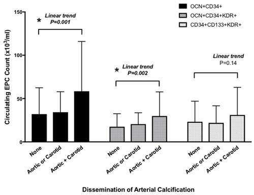 Figure 1 Osteogenic OCN+ CD34+KDR+/OCN+CD34+ circulating EPCs and phenotype profile of vascular aging (*P<0.05).