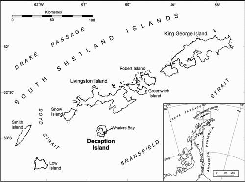 Figure 1. Map of Deception Island in relation to the South Shetland Islands, showing the location of the sampling site at Whalers Bay.