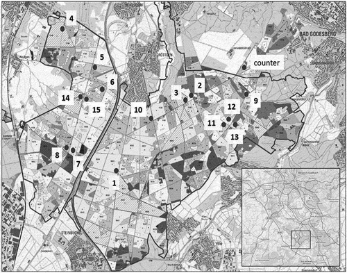 Figure 1. Interview locations and location of the infrared counter, as well as the location of the Kottenforst in the larger Cologne-Bonn region. The delineated area lies within the Natura 2000 network. The figure was generated based on the map used in the forest management plan.