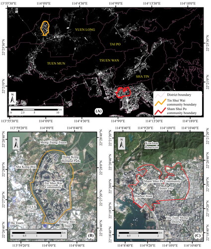 Figure 3. The geographic settings of Sham Shui Po (SSP) and Tin Shui Wai (TSW). (A) The locations and outdoor artificial light at night (ALAN) distribution of SSP and TSW in Hong Kong. The background is draped using SDGSAT-1 imagery. (B) The geographic settings and land covers of TSW (a new town). (C) The geographic settings and land covers of SSP (an old town). The background is draped using PlanetScope imagery in natural color composition (Planet Team Citation2017).
