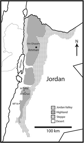 Figure 1. Map of Jordan showing the location of the archaeological study sites Wadi Faynan 16 and ‘Ain Ghazal in relation to the capital Amman, and the ethnographic comparison site of Al Ma'tan.